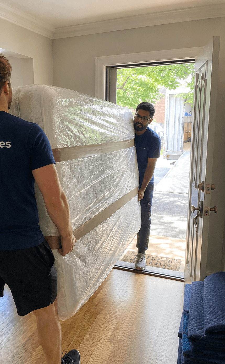 Movemiles crew bringing a shrink-wrapped mattress through a front door